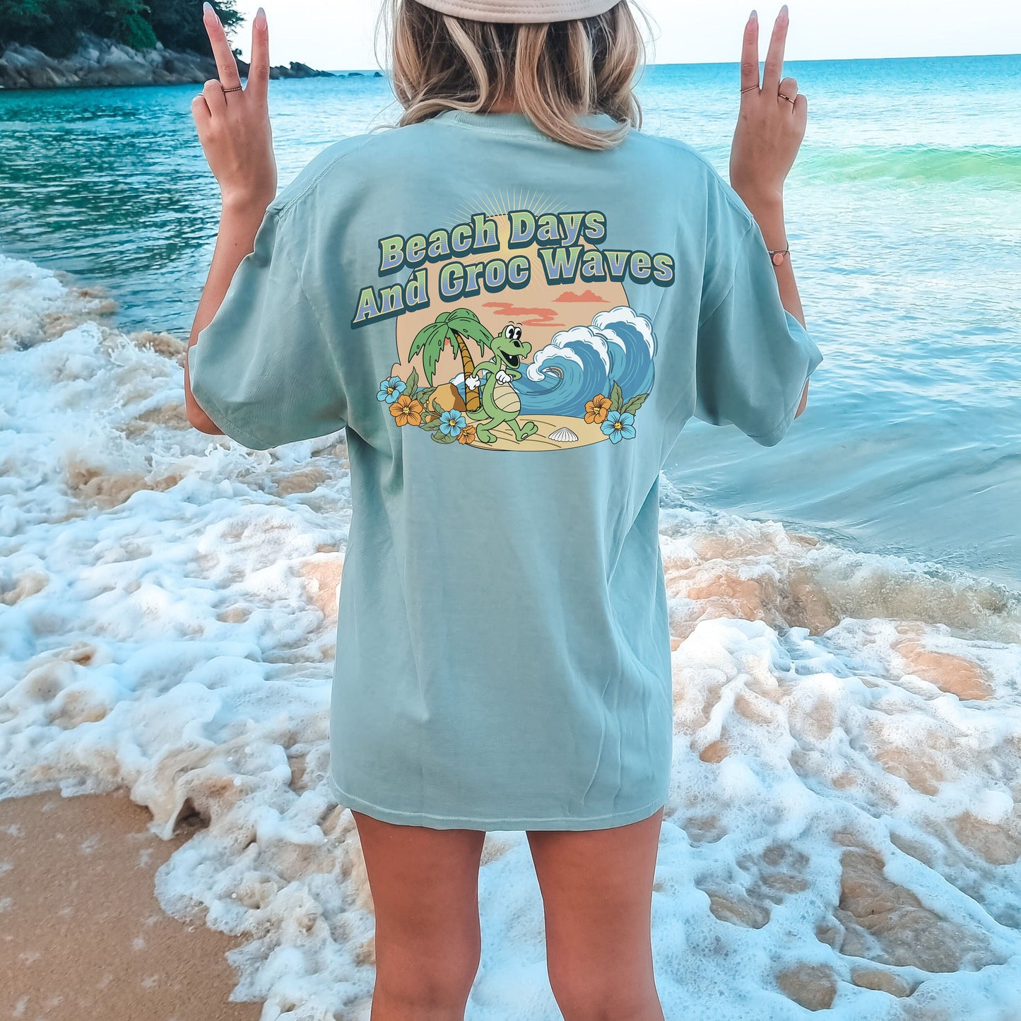 Beach Days And Croc Waves, Happiness Comes In Waves, Comfort Color Tees, Trendy T Shirts For Women, Summer Vibes Shirt, Tumbler Shirt
