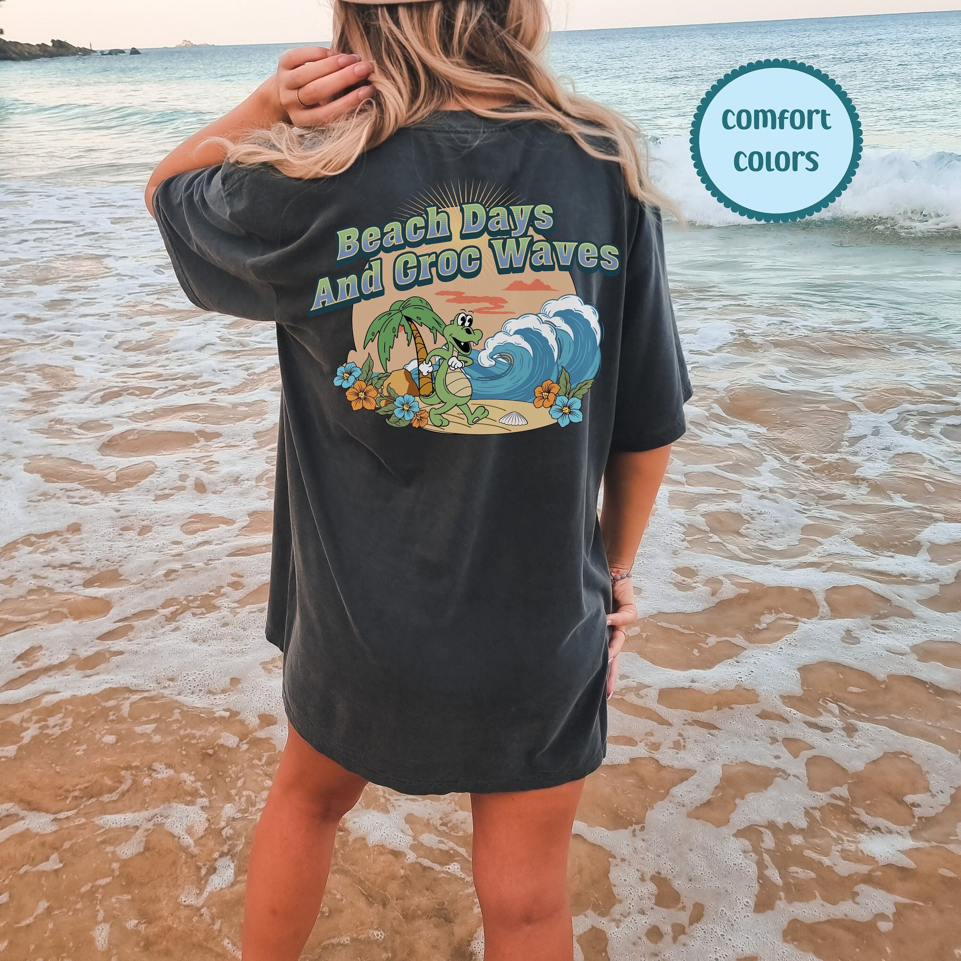 Beach Days And Croc Waves, Happiness Comes In Waves, Comfort Color Tees, Trendy T Shirts For Women, Summer Vibes Shirt, Tumbler Shirt
