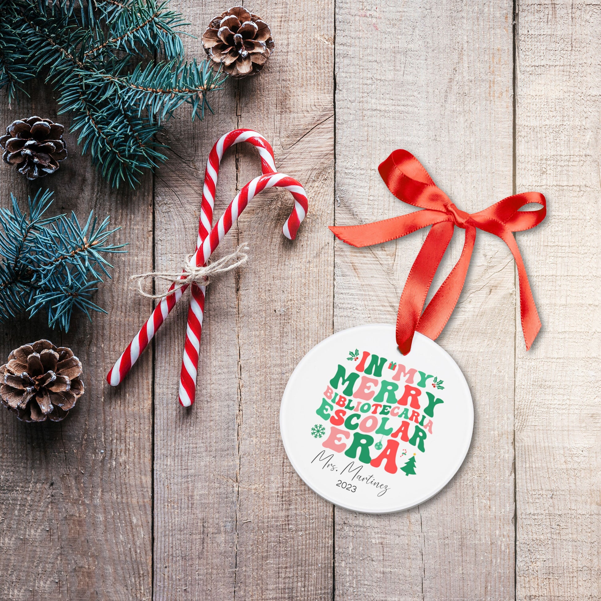 In My Merry Bibliotecaria Escolar Era Ornament, Librarian Christmas Ornament Personalized, Custom Librarian Gift, Bibliotecaria Personalized