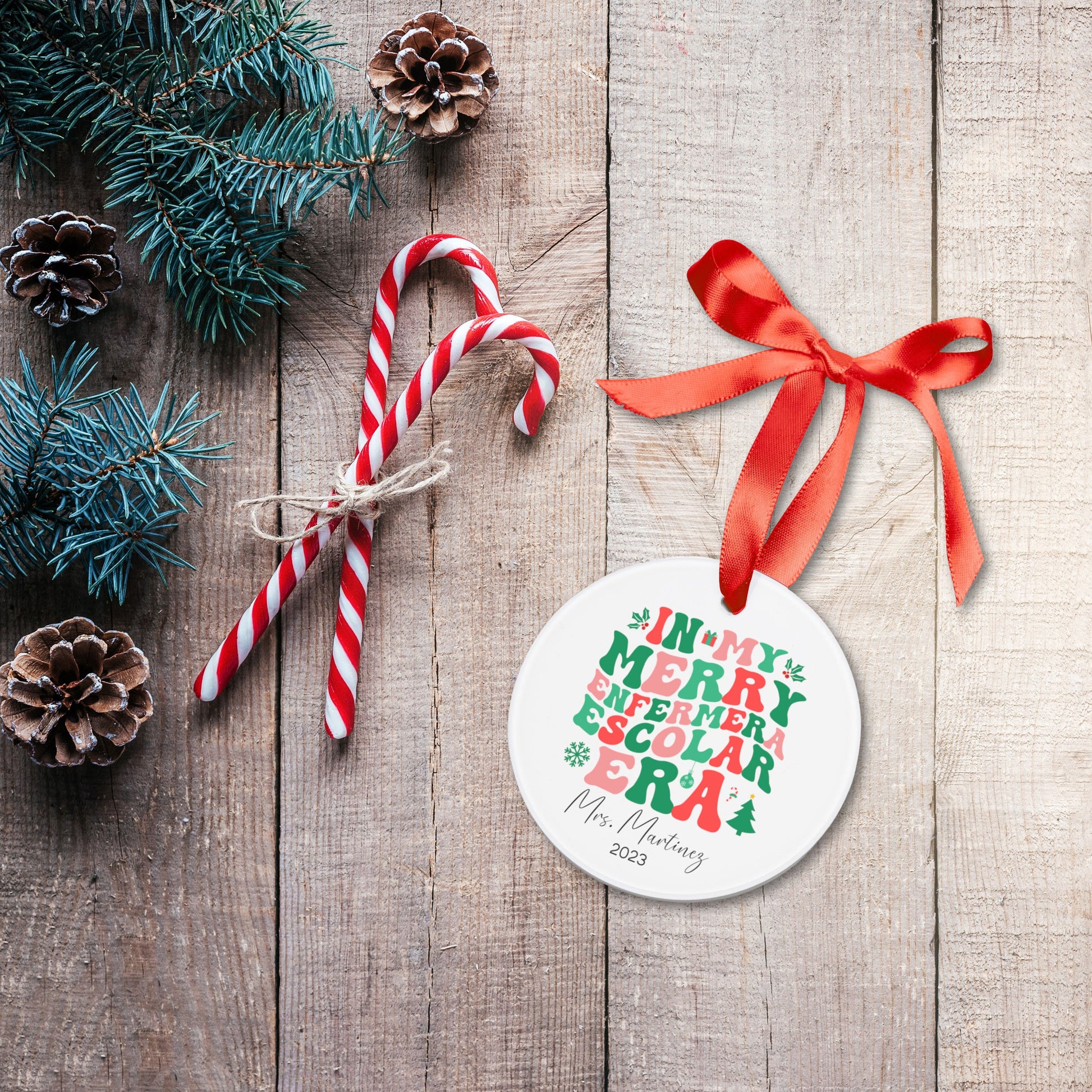 In My Merry Enfermera Escolar Era Ornament, Nurse Christmas Ornament Personalized, Custom Nurse Gift from Student, Enfermera Personalized